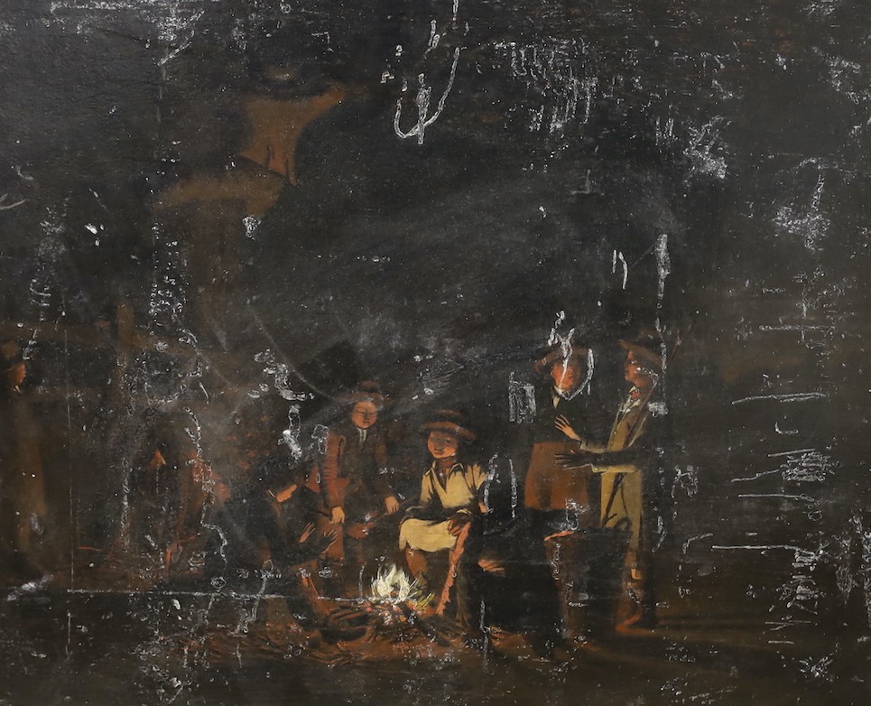American School?, oil on wooden panel, Figures around a camp fire, 35 x 41.5cm, unframed